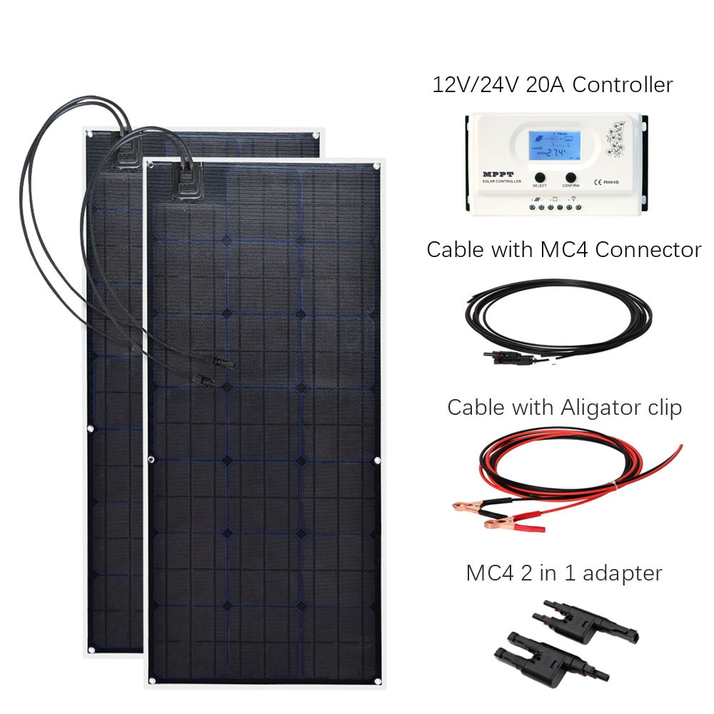200W Solar System Monocrystalline Solar Panel 12V/24V Solar Controller Waterproof Connector 